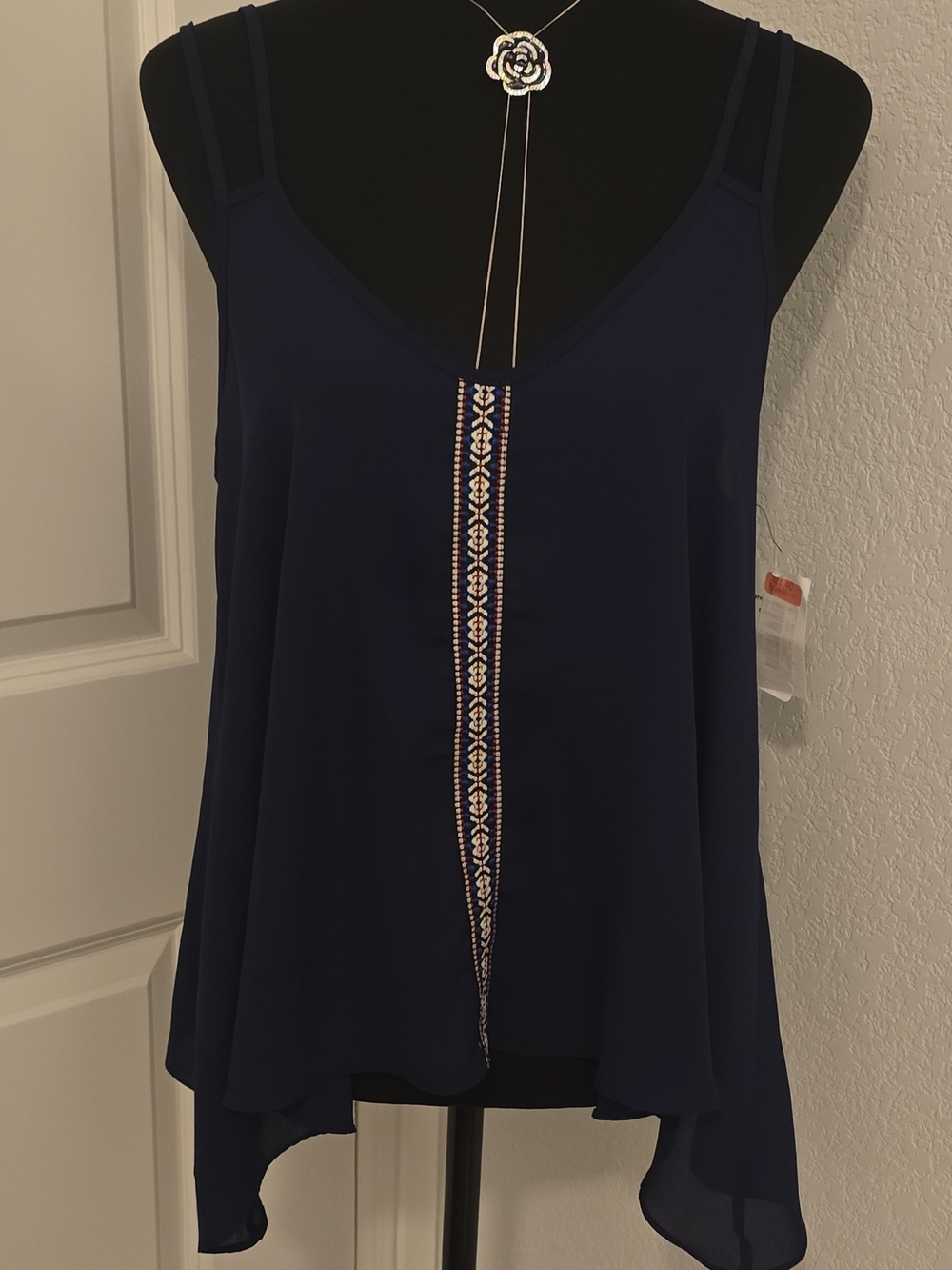 Embroidered Navy Double-Strap Camisole